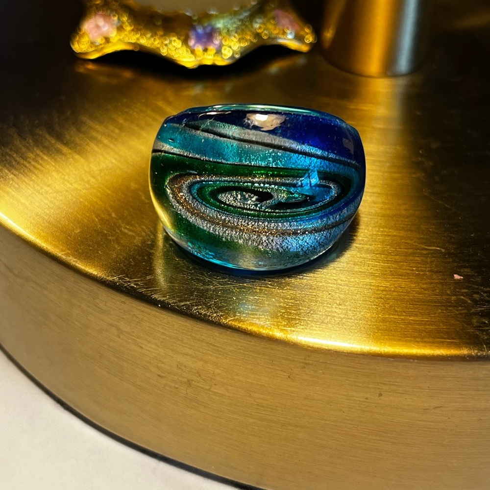 Bold Vintage Murano-Style Glass Ring - Swirl of Blue & Green